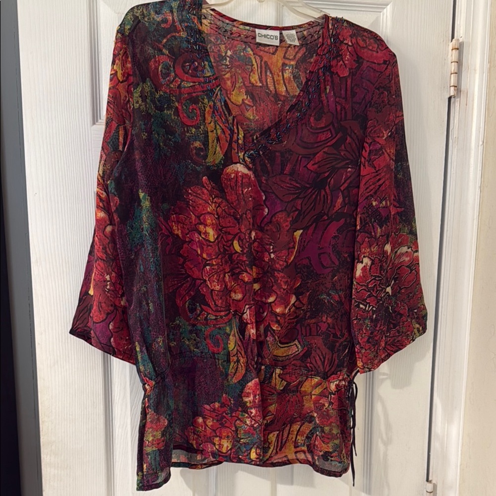 Chico's Red and Purple Graphic Bell Sleeve Blouse